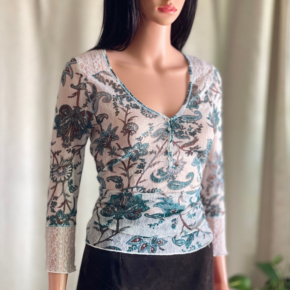 Vtg Y2K Talita Kume Teal Paisley Lace Henley Top Sheer V-Neck Fairycore Size 38
